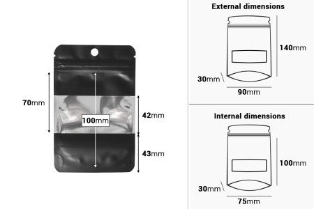 Crna aluminijumska DoyPack  90x30x140mm kesica sa zip zatvaranjem, prozorom, ovalnim dnom i sa mogućnošću termo lepljenja - 100kom-dimenzije_slike