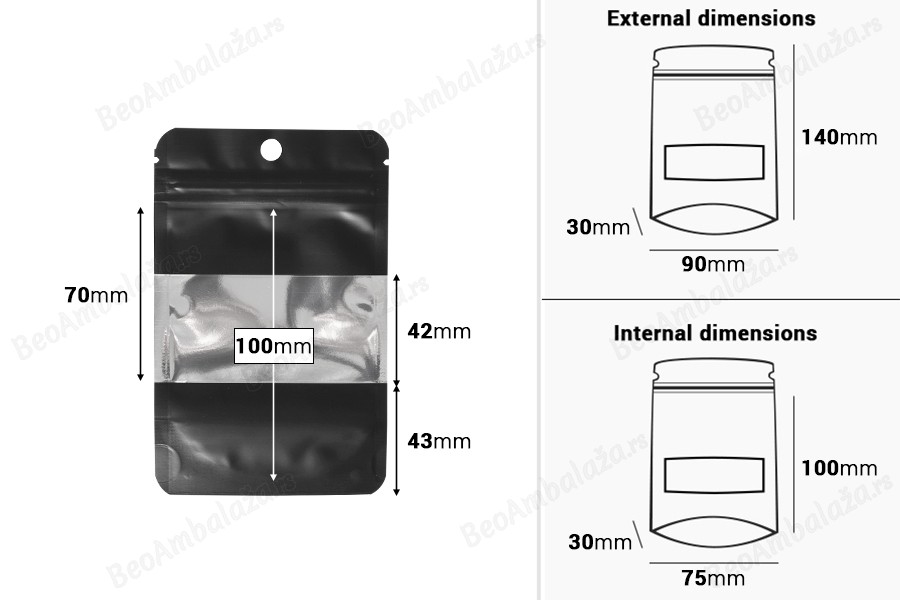 Crna aluminijumska DoyPack  90x30x140mm kesica sa zip zatvaranjem, prozorom, ovalnim dnom i sa mogućnošću termo lepljenja - 100kom-dimenzije_slike