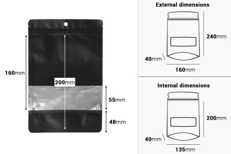 Crna aluminijumska DoyPack  kesica sa zip zatvaranjem 160x40x240mm, prozorom, ovalnim dnom i sa mogućnošću termo lepljenja - 100kom-dimenzije_slike