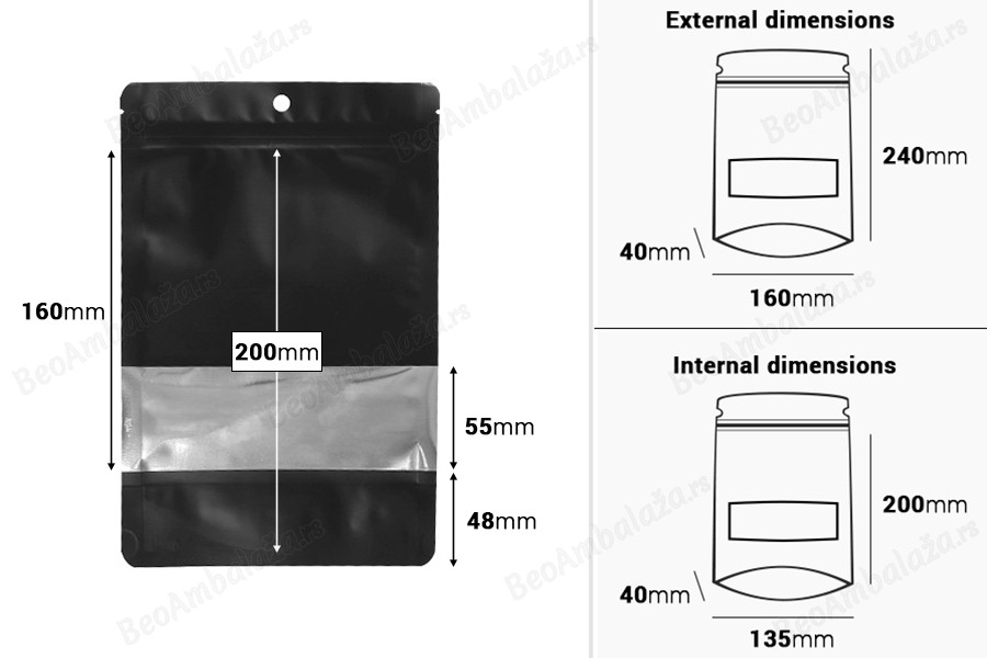 Crna aluminijumska DoyPack  kesica sa zip zatvaranjem 160x40x240mm, prozorom, ovalnim dnom i sa mogućnošću termo lepljenja - 100kom-dimenzije_slike
