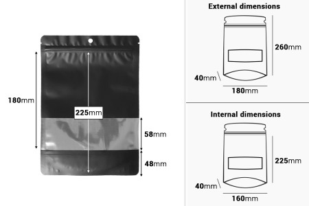 Crna aluminijumska DoyPack  180x40x260 mm kesica sa zip zatvaranjem, prozorom, ovalnim dnom i sa mogućnošću termo lepljenja - 100kom-dimenzije_slike