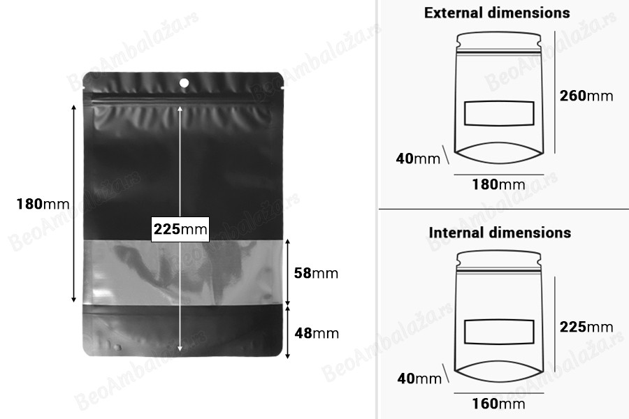 Crna aluminijumska DoyPack  180x40x260 mm kesica sa zip zatvaranjem, prozorom, ovalnim dnom i sa mogućnošću termo lepljenja - 100kom-dimenzije_slike
