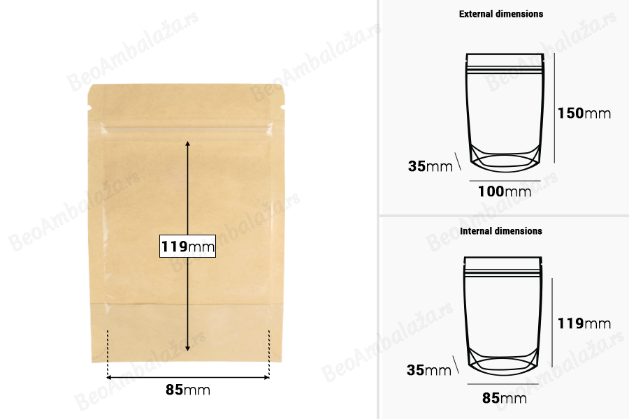Kraft (14c) DoyPack kesice 100x35x150mm sa providnom prednjom stranom (8c), zip zatvaranjem i mogućnošću termo zatvaranja – 100 kom-dimenzije_slike
