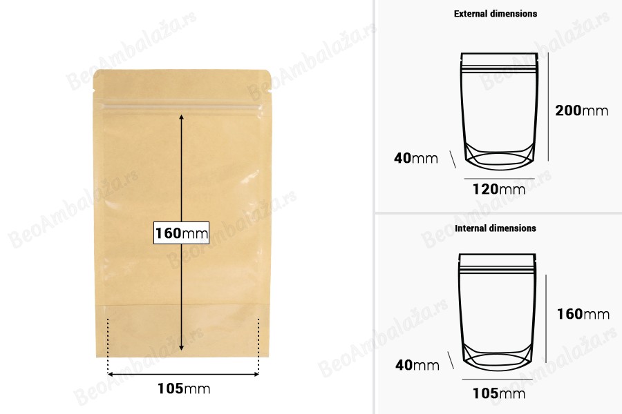 Kraft (14c) DoyPack kesice 120x40x200mm sa providnom prednjom stranom (8c), zip zatvaranjem i mogućnošću termo zatvaranja – 100 kom-dimenzije_slike