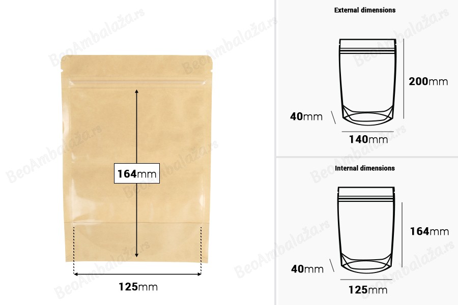 Kraft (14c) DoyPack kesice 140x40x200mm sa providnom prednjom stranom (8c), zip zatvaranjem i mogućnošću termo zatvaranja – 100 kom-dimenzije_slike
