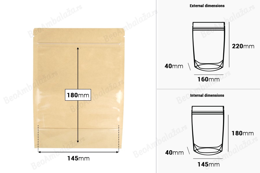 Kraft (14c) DoyPack kesice 160x40x220mm sa providnom prednjom stranom (8c), zip zatvaranjem i mogućnošću termo zatvaranja – 100 kom-dimenzije_slike