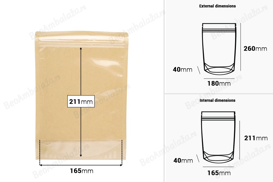 Kraft (14c) DoyPack kesice 180x40x260mm sa providnom prednjom stranom (8c), zip zatvaranjem i mogućnošću termo zatvaranja – 100 kom-dimenzije_slike