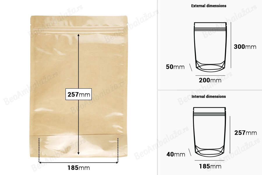 Kraft (14c) DoyPack kesice 200x50x300mm sa providnom prednjom stranom (8c), zip zatvaranjem i mogućnošću termo zatvaranja – 100 kom-dimenzije_slike