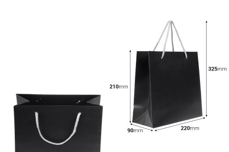 Crna mat plastificirana poklon kesa 220x90x210mm sa sivom pamučnom ručkom-dimenzije_slike