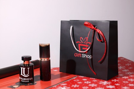 Crna mat plastificirana poklon kesa 220x90x210mm sa sivom pamučnom ručkom-grupa_slika