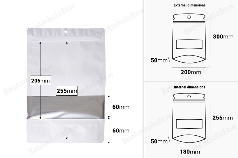 Aluminijumske DoyPack kesice sa zip zatvaranjem, prozorom, ovalnim dnom i sa mogućnošću termo lepljenja 200x50x300mm - 100kom-dimenzije_slike