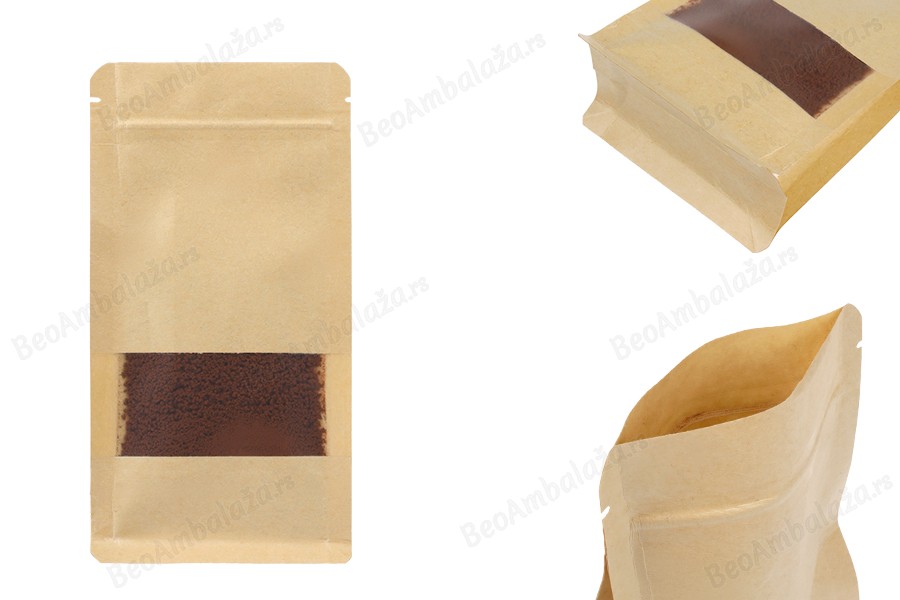 Kraft Doy Pack kesice sa "zip" zatvaranjem 100x60x200 mm, ventilom, prozorom, unutrašnjom i spoljašnjom providnom oblogom i mogućnost termo zatvaranja  - 25 kom-slika_proizvoda