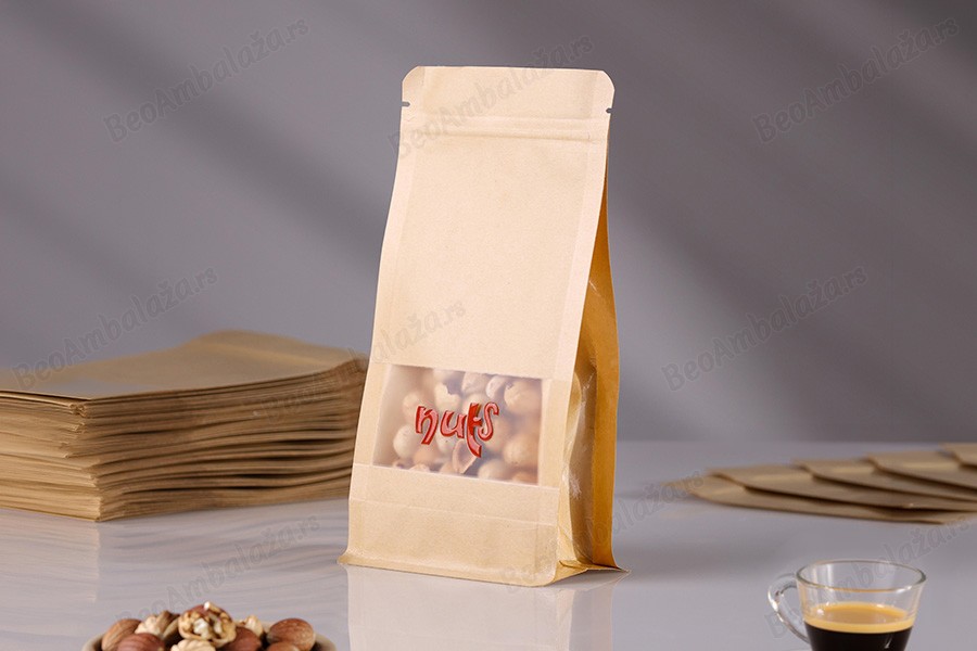 Kraft Doy Pack kesice sa "zip" zatvaranjem 100x60x200 mm, ventilom, prozorom, unutrašnjom i spoljašnjom providnom oblogom i mogućnost termo zatvaranja  - 25 kom-grupa_slika