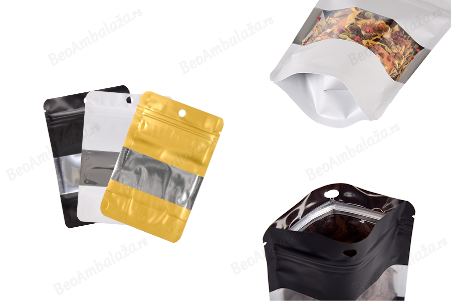 Aluminijumske DoyPack kesice sa zip zatvaranjem, prozorom, ovalnim dnom i sa mogućnošću termo lepljenja 100x30x150mm - 100kom-slika_proizvoda