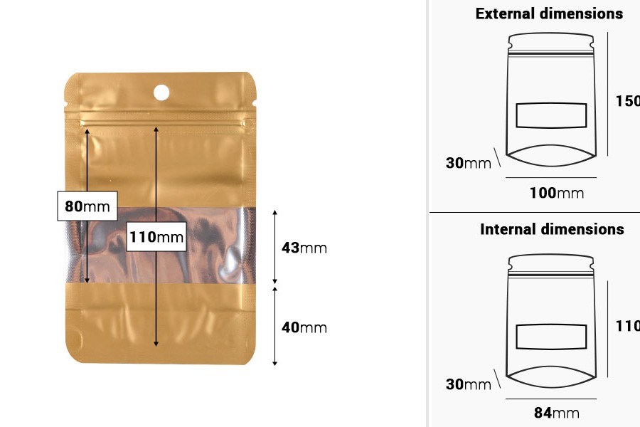 Aluminijumske DoyPack kesice sa zip zatvaranjem, prozorom, ovalnim dnom i sa mogućnošću termo lepljenja 100x30x150mm - 100kom-dimenzije_slike
