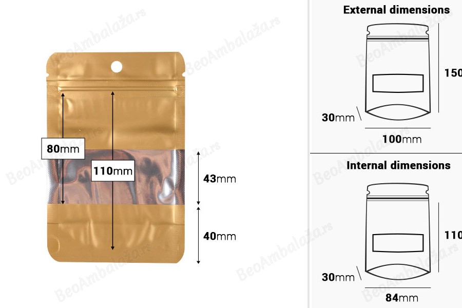 Aluminijumske DoyPack kesice sa zip zatvaranjem, prozorom, ovalnim dnom i sa mogućnošću termo lepljenja 100x30x150mm - 100kom-dimenzije_slike