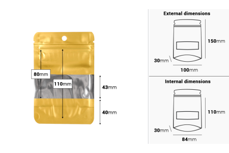 Aluminijumske DoyPack kesice sa zip zatvaranjem, prozorom, ovalnim dnom i sa mogućnošću termo lepljenja 100x30x150mm - 100kom-dimenzije_slike
