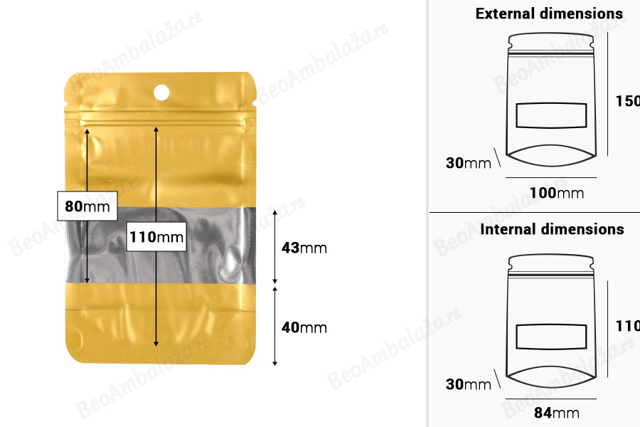 Aluminijumske DoyPack kesice sa zip zatvaranjem, prozorom, ovalnim dnom i sa mogućnošću termo lepljenja 100x30x150mm - 100kom-dimenzije_slike