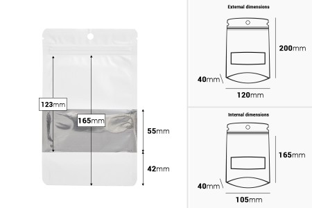 Aluminijumske DoyPack kesice sa zip zatvaranjem, prozorom, ovalnim dnom i sa mogućnošću termo lepljenja 120x40x200mm - 100kom-dimenzije_slike