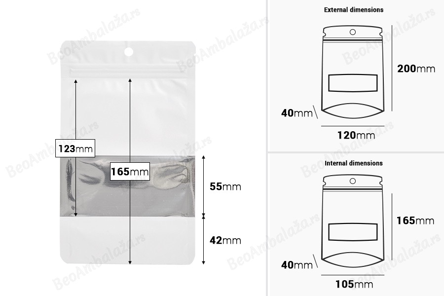 Aluminijumske DoyPack kesice sa zip zatvaranjem, prozorom, ovalnim dnom i sa mogućnošću termo lepljenja 120x40x200mm - 100kom-dimenzije_slike