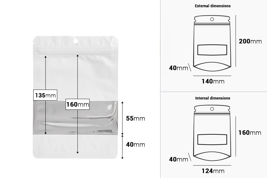 Aluminijumske DoyPack kesice sa zip zatvaranjem, prozorom, ovalnim dnom i sa mogućnošću termo lepljenja 140x40x200mm - 100kom-dimenzije_slike