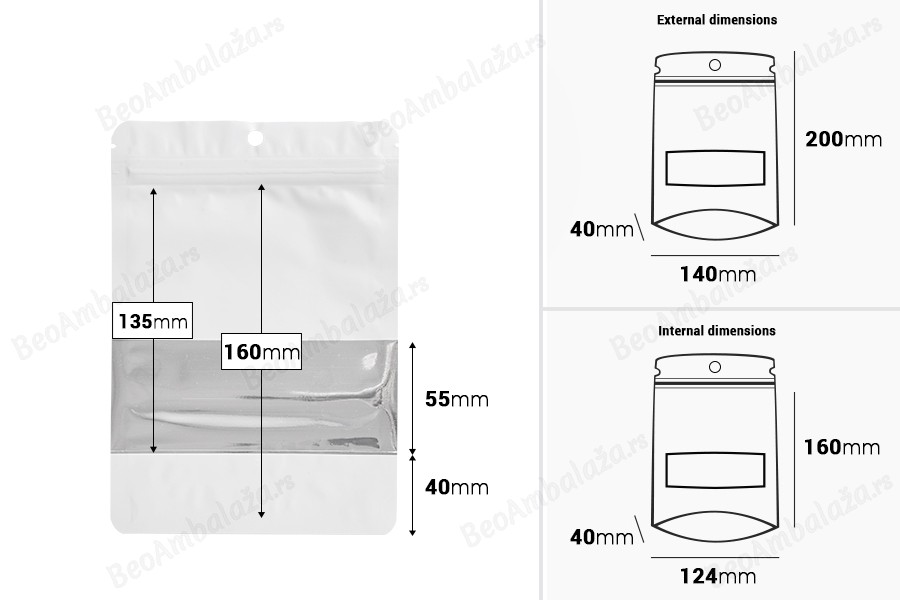 Aluminijumske DoyPack kesice sa zip zatvaranjem, prozorom, ovalnim dnom i sa mogućnošću termo lepljenja 140x40x200mm - 100kom-dimenzije_slike