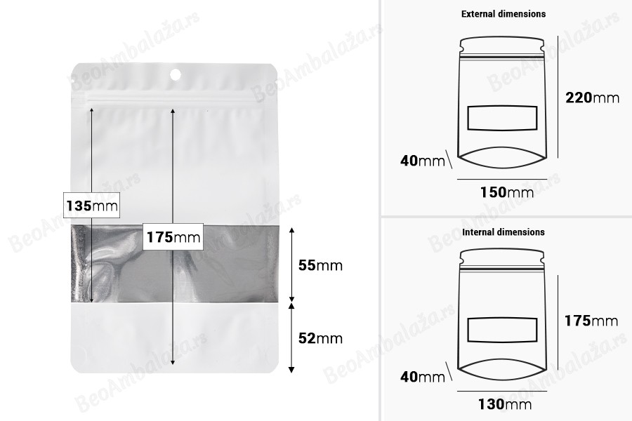 Aluminijumske DoyPack kesice sa zip zatvaranjem, prozorom, ovalnim dnom i sa mogućnošću termo lepljenja 150x40x220mm - 100kom-dimenzije_slike
