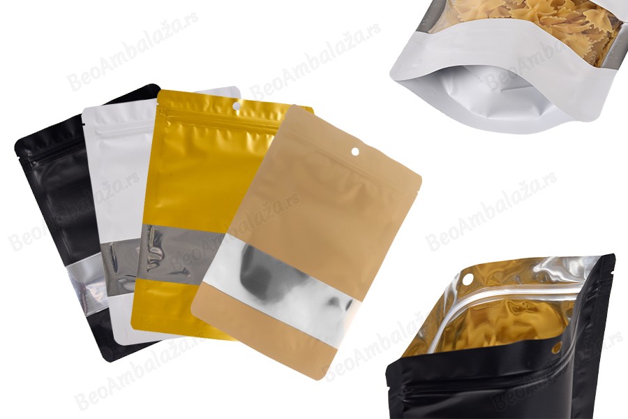 Aluminijumske DoyPack kesice sa zip zatvaranjem, prozorom, ovalnim dnom i sa mogućnošću termo lepljenja 160x40x240mm - 100kom-slika_proizvoda