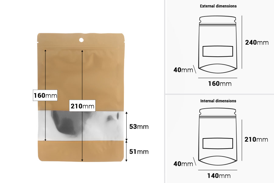 Aluminijumske DoyPack kesice sa zip zatvaranjem, prozorom, ovalnim dnom i sa mogućnošću termo lepljenja 160x40x240mm - 100kom-dimenzije_slike