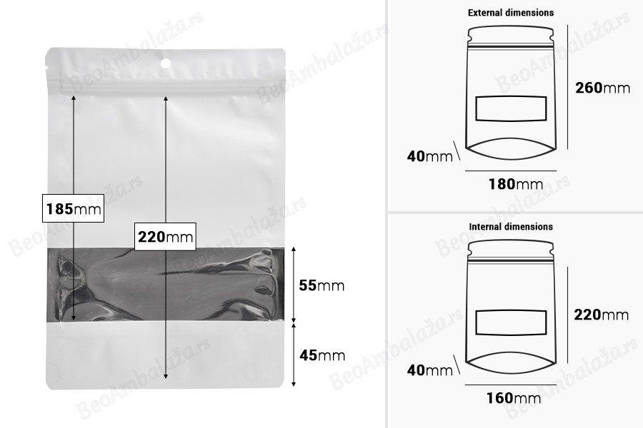 Aluminijumske DoyPack kesice sa zip zatvaranjem, prozorom, ovalnim dnom i sa mogućnošću termo lepljenja 180x40x260mm - 100kom-dimenzije_slike