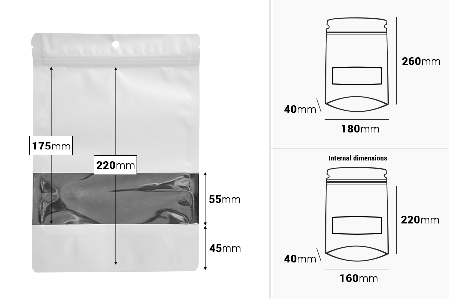 Aluminijumske DoyPack kesice sa zip zatvaranjem, prozorom, ovalnim dnom i sa mogućnošću termo lepljenja 180x40x260mm - 100kom-dimenzije_slike
