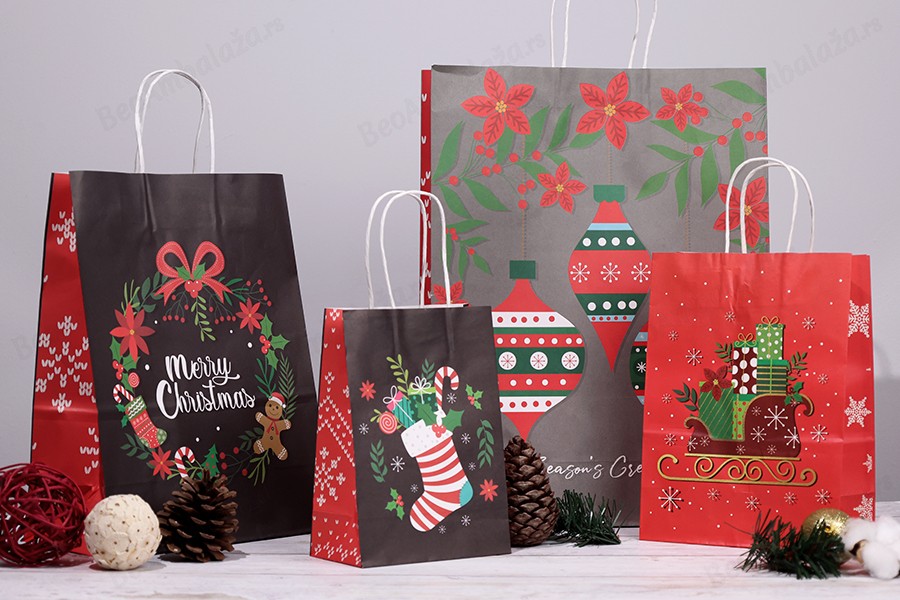 Elegantne papirne poklon kese sa Božićnim motivima, dimenzija 255x125x330 mm sa ručkom - 12 kom-grupa_slika