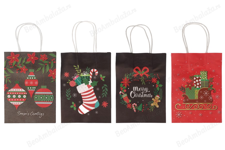 Elegantne papirne poklon kese sa Božićnim motivima, dimenzija 185x95x255 mm sa ručkom - 12 kom-grupa_slika