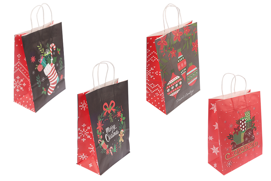 Elegantne papirne poklon kese sa Božićnim motivima, dimenzija 255x125x330 mm sa ručkom - 12 kom-slika_proizvoda