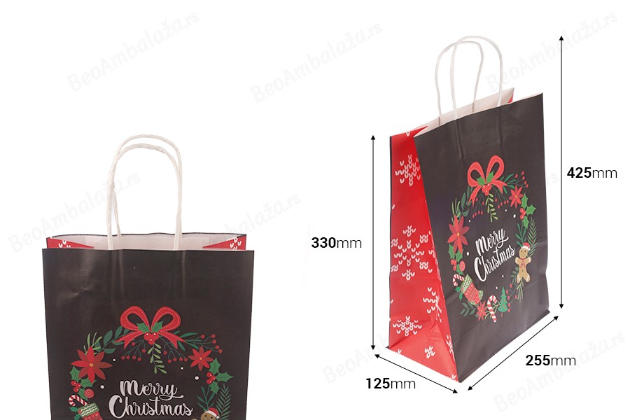 Elegantne papirne poklon kese sa Božićnim motivima, dimenzija 255x125x330 mm sa ručkom - 12 kom-dimenzije_slike