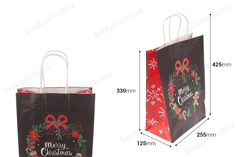 Elegantne papirne poklon kese sa Božićnim motivima, dimenzija 255x125x330 mm sa ručkom - 12 kom-dimenzije_slike