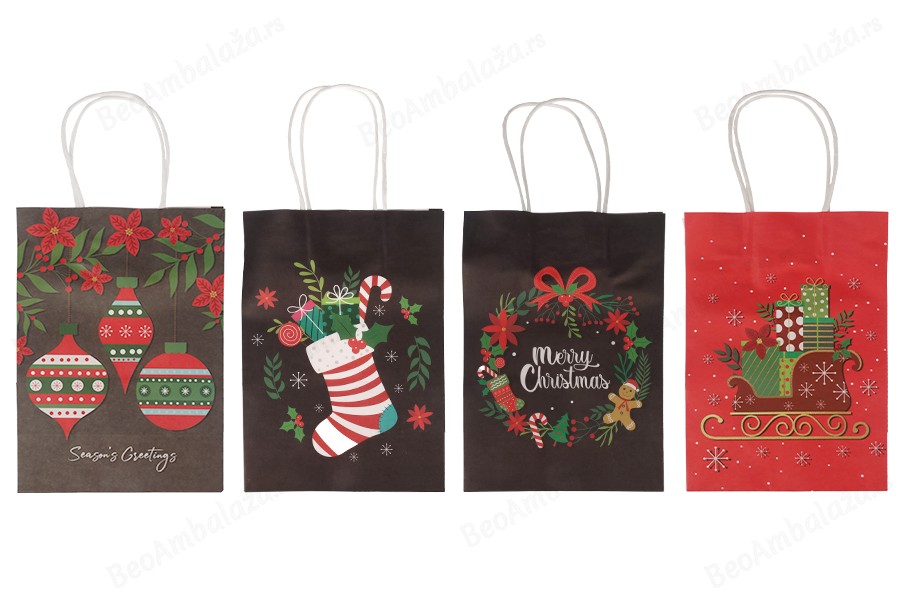 Elegantne papirne poklon kese sa Božićnim motivima, dimenzija 315x115x420 mm sa ručkom - 12 kom-grupa_slika