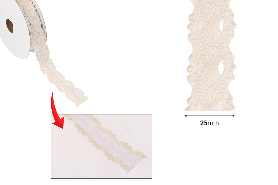 Bež pamučna čipka širine 25mm sa samolepljivom trakom - komad je 4,6 metara-dimenzije_slike