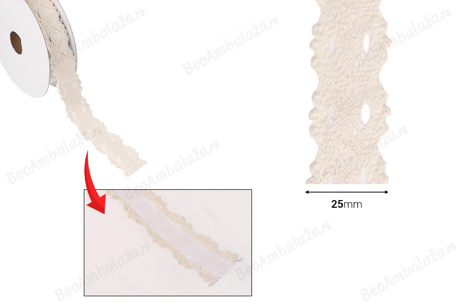 Bež pamučna čipka širine 25mm sa samolepljivom trakom - komad je 4,6 metara-dimenzije_slike