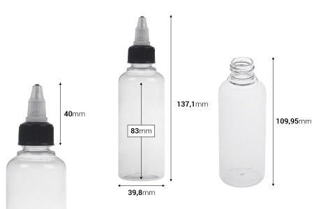 Plastična PET bočica 100mL sa crnim "unicorn" poklopcem za elektronsku cigaretu - 50 kom-dimenzije_slike