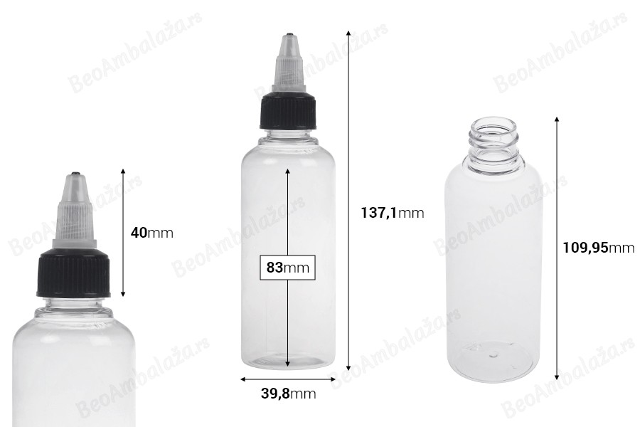 Plastična PET bočica 100mL sa crnim "unicorn" poklopcem za elektronsku cigaretu - 50 kom-dimenzije_slike