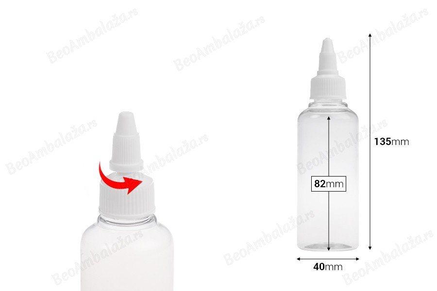 Flašica PET 100mL providna sa belim twist up zatvaračem "unicorn" za elektronske cigarete - 50 kom-dimenzije_slike