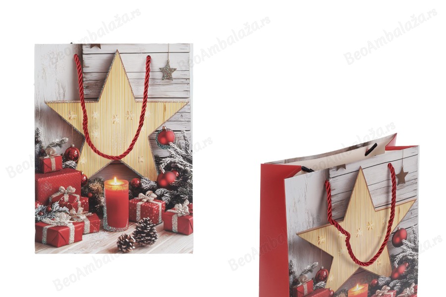 Božićne papirne poklon kese sa zvezdom, dimenzija 180x85x240 mm (210 g) sa ručkom - 12 kom-slika_proizvoda