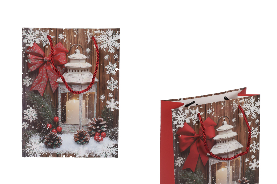 Božićne papirne poklon kese sa fenjerom, dimenzija 180x85x240 mm (210 g) sa ručkom - 12 kom-slika_proizvoda