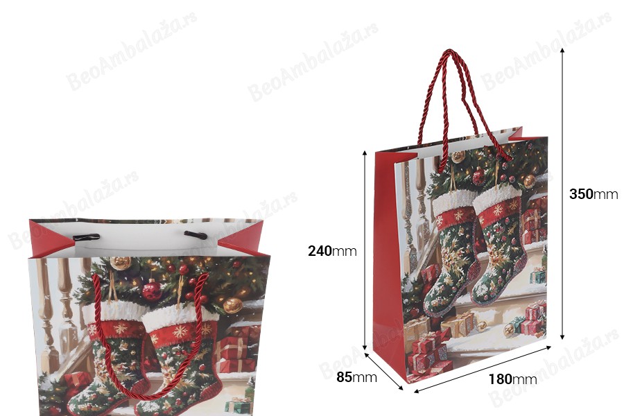 Božićne papirne poklon kese sa čarapom, dimenzija 180x85x240 mm (210 g) sa ručkom - 12 kom-dimenzije_slike