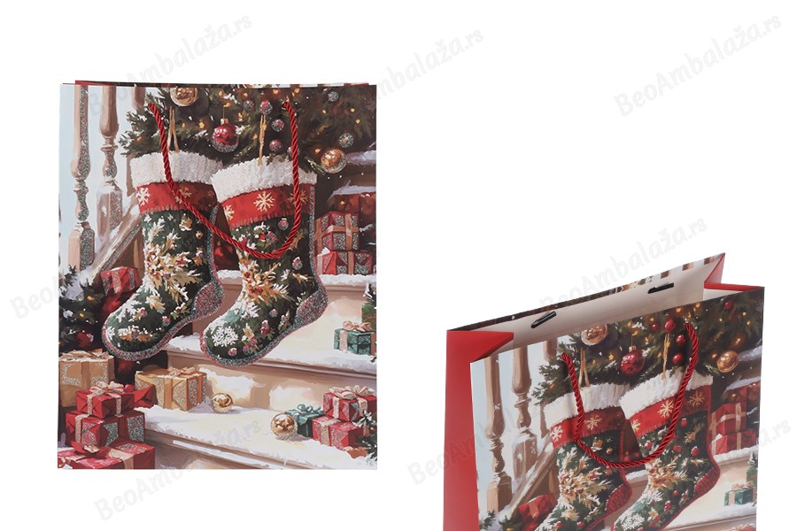 Božićne papirne poklon kese sa čarapom, dimenzija 260x100x320 mm (210 g) sa ručkom - 12 kom-slika_proizvoda
