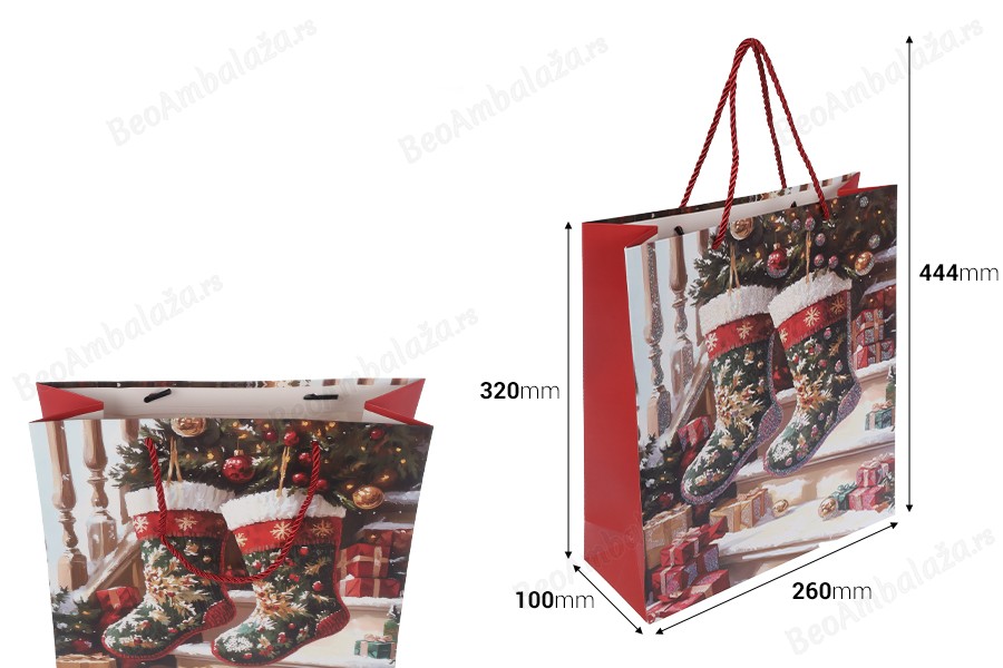 Božićne papirne poklon kese sa čarapom, dimenzija 260x100x320 mm (210 g) sa ručkom - 12 kom-dimenzije_slike