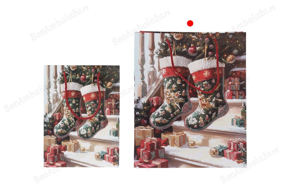 Božićne papirne poklon kese sa čarapom, dimenzija 260x100x320 mm (210 g) sa ručkom - 12 kom-grupa_slika