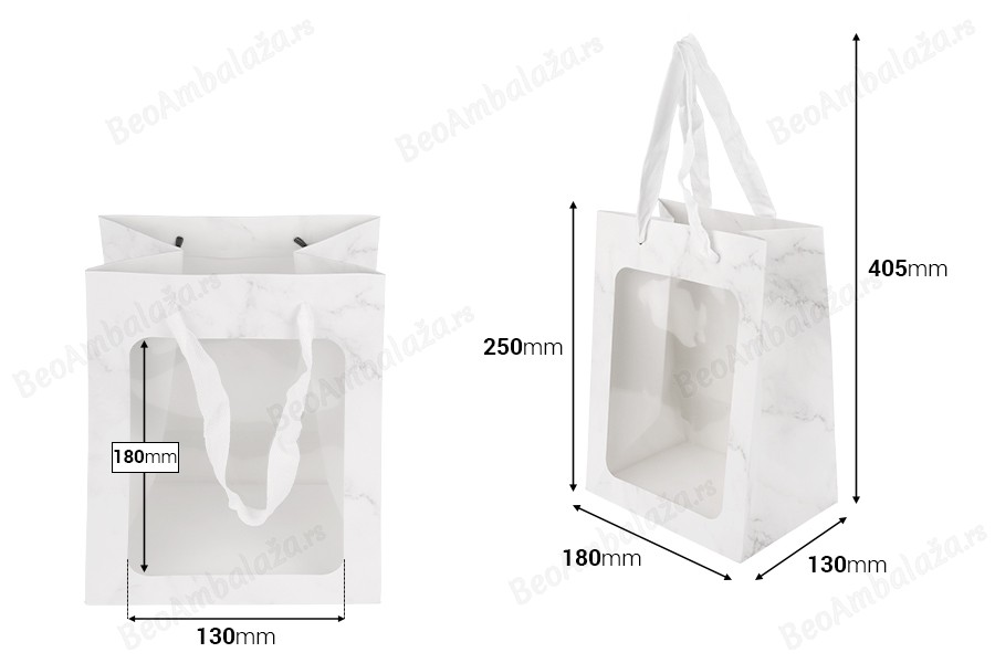 Papirna poklon kesa 180x130x250 mm sa prozorom i trakom za ručku - 12 kom-dimenzije_slike