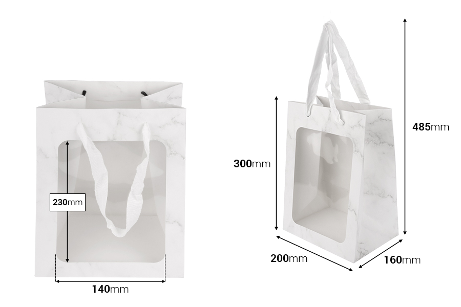 Papirna poklon kesa 200x160x300 mm sa prozorom i trakom za ručku - 12 kom-dimenzije_slike